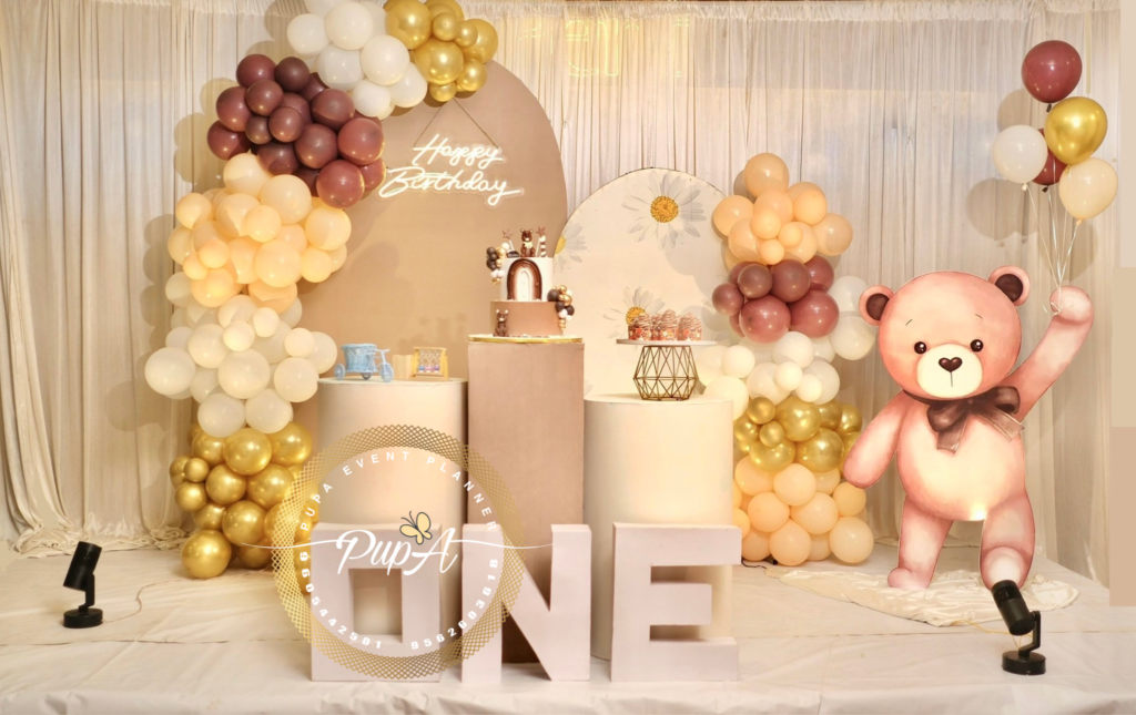 birthday decor done by pupa event planner using balloons and aesthetic decors